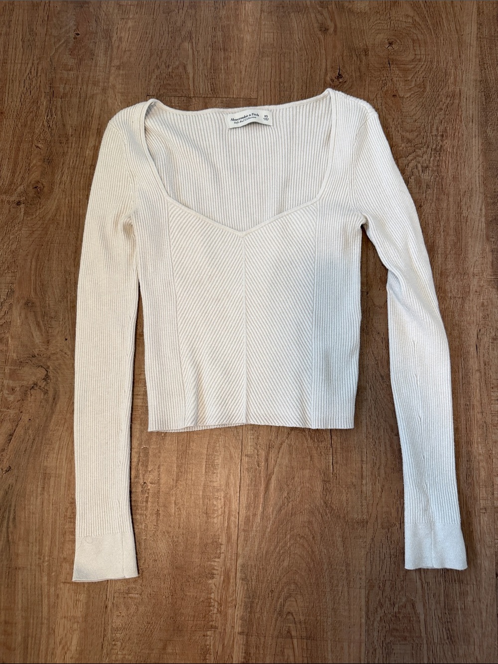 Abercrombie & Fitch Cream Ribbed Scoop-Neck Long Sleeve Top